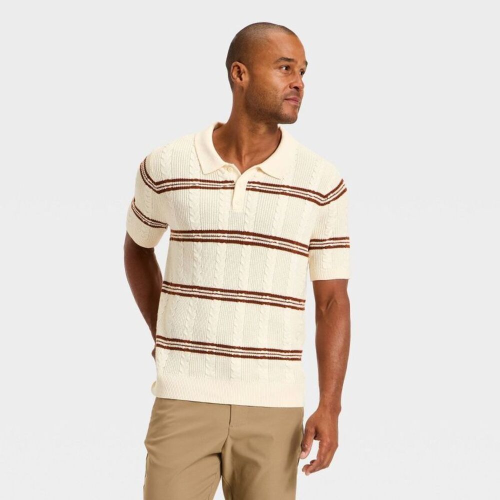 Men's Striped Short Sleeve Cable Sweater - Goodfellow & Co Cream XXL